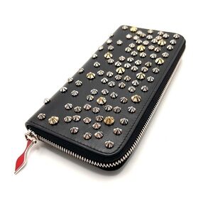 Authentic Christian LOUBOUTIN Studded Zip Around Leather Long Wallet Black